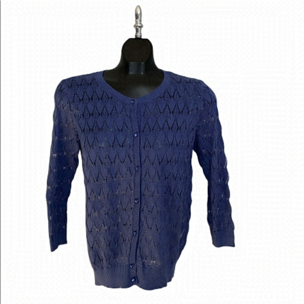 Navy Blue Leaf Design Loft 3/4 Sleeve Cardigan